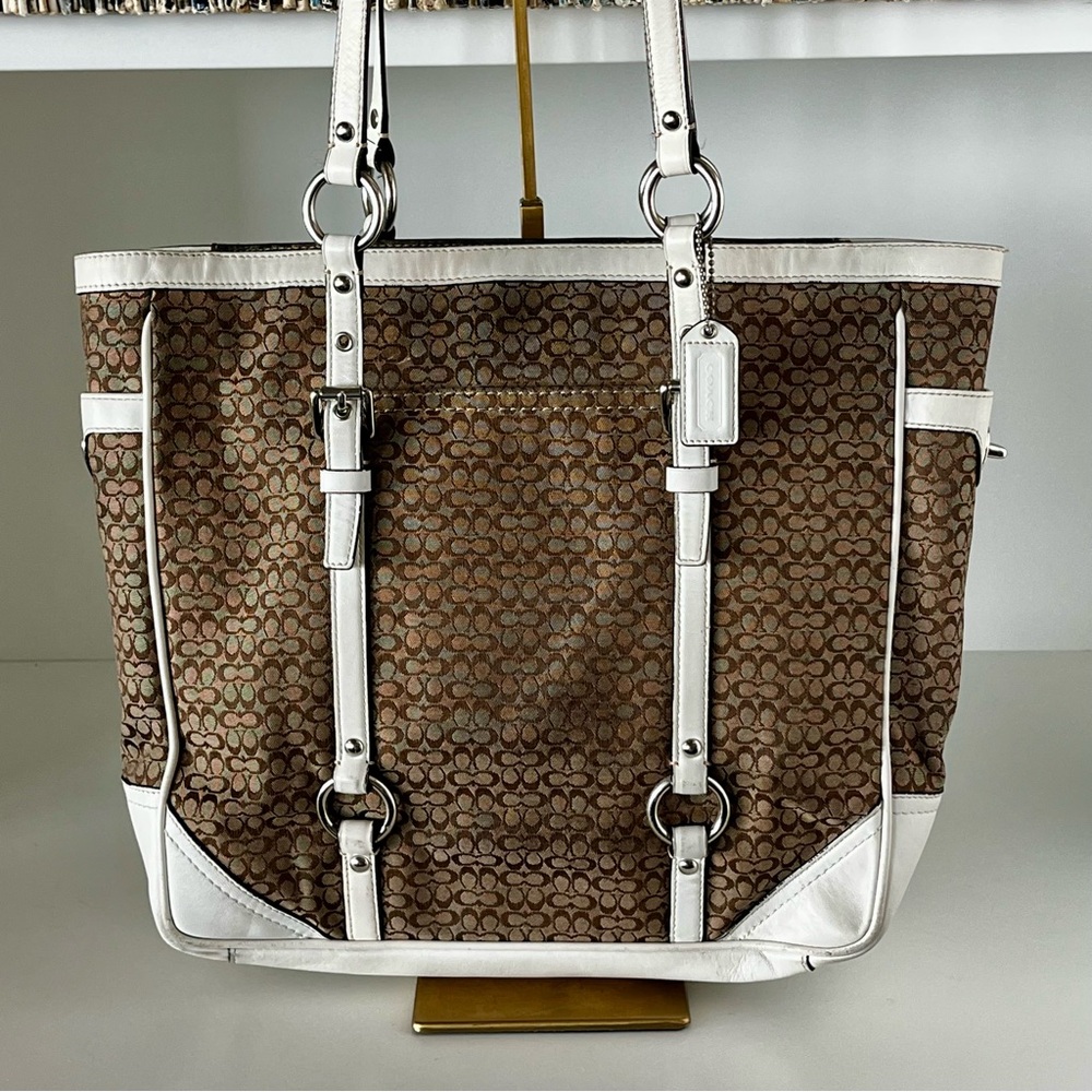 Coach Signature Gallery Tote F11526 Khaki Jacquard White Leather Trim Y2K - Picture 3 of 15